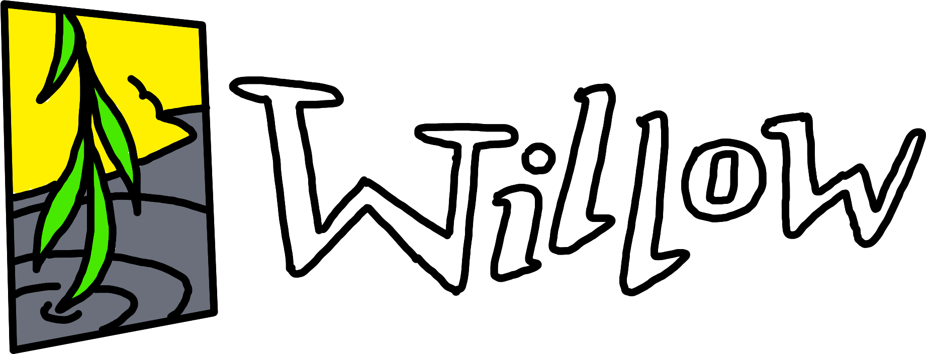 A Willow emblem: a stylised drawing of a Willow’s branch tipping into a water surface, next to a hand-lettered display of the word "Willow".